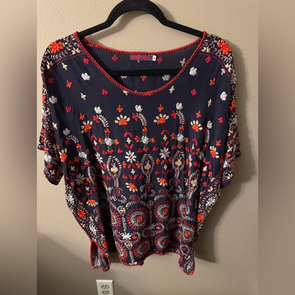 Johnny Was Navy Floral Embroidered Tunic with Red & White Accents